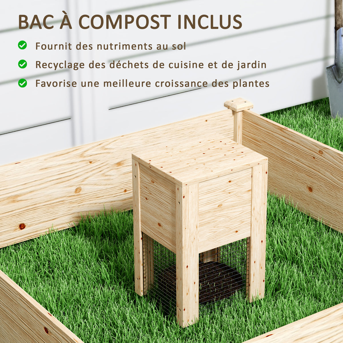Jardinière en bois carré potager extérieur bois avec bac à compost design à fond ouvert 123 x 123 x 25,5 cm bois naturel-4