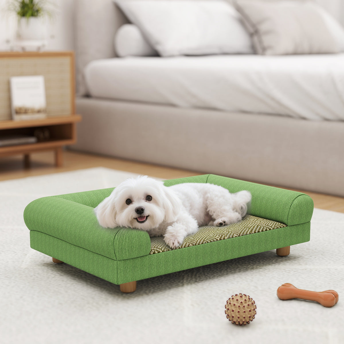 Canapé pour chien chat lit pour chien surélevé, assise de tapis frais, accoudoirs, en velours doux 63 x 41 x 17 cm, vert-9