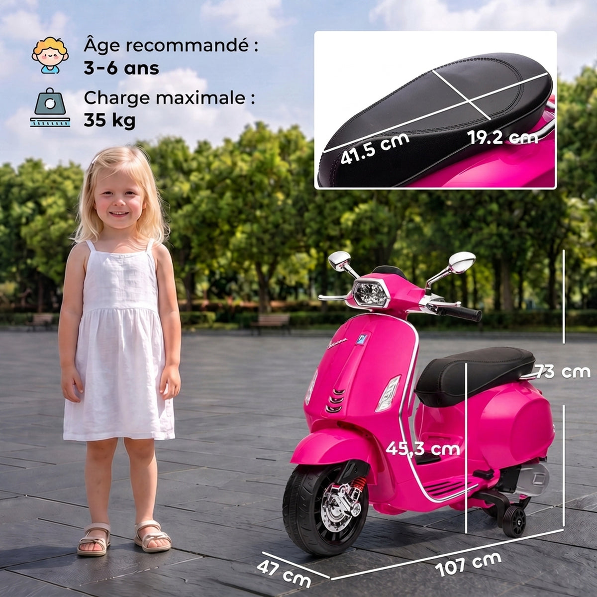 Scooter électrique enfant Vespa 6 V dim. 107L x 47l x 73H cm Musique MP3 Port USB Phare 2 roues d'entraînement - Rose-2