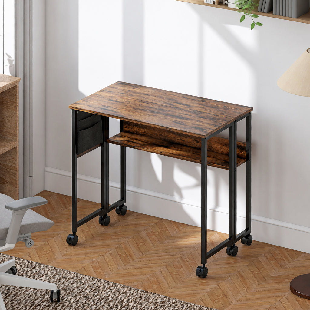Bureau pliable sur roulettes 80 x 50 cm avec étagère et sac de rangement, brun rustique-1