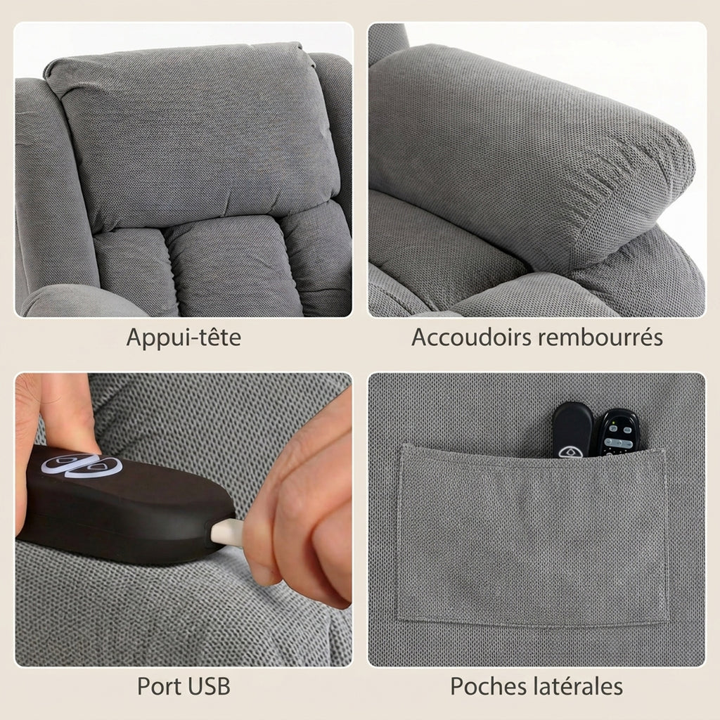Fauteuil releveur électrique massage et chauffage avec repose-pied, dossier inclinable, télécommande et poche latérale-6