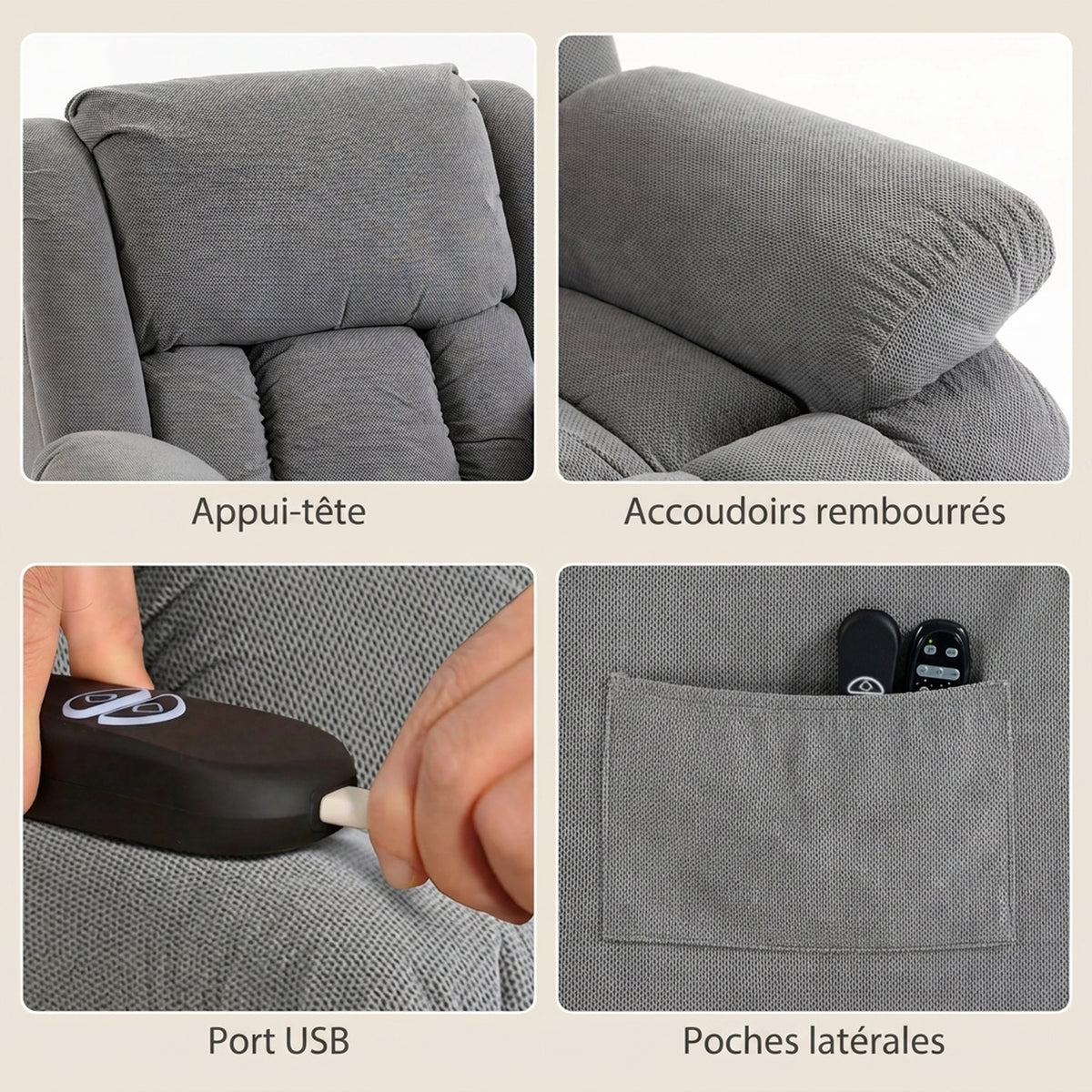 Fauteuil releveur électrique massage et chauffage avec repose-pied, dossier inclinable, télécommande et poche latérale-6