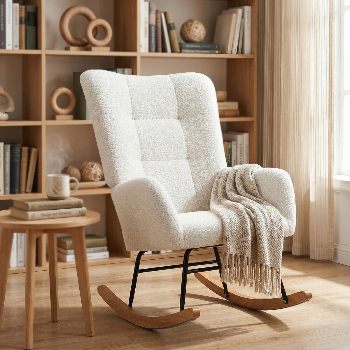 Fauteuil à bascule en tissu effet laine bouclée avec pieds en bois massif d'hévéa pour chambre, salon, crème-6
