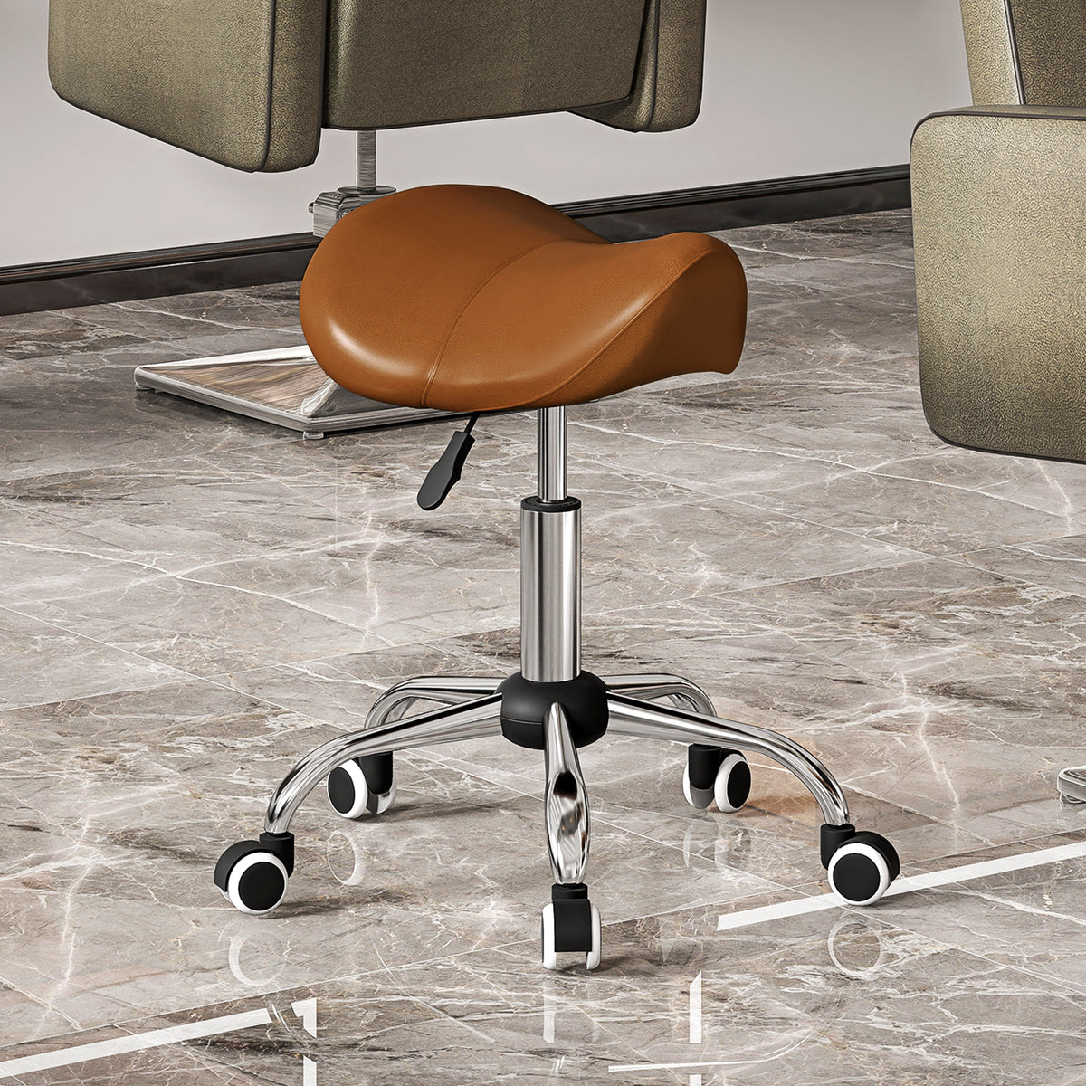 Tabouret à roulettes, chaise de travail avec hauteur réglable 49-61 cm et selle ergonomique, 52x53x49-61cm, marron-1