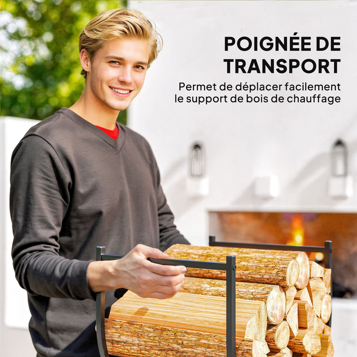 Range-bûches porte buche de cheminée incurvé robust pour intérieur et extérieur, cadre en métal, 43 x 33 x 38 cm, noir-4