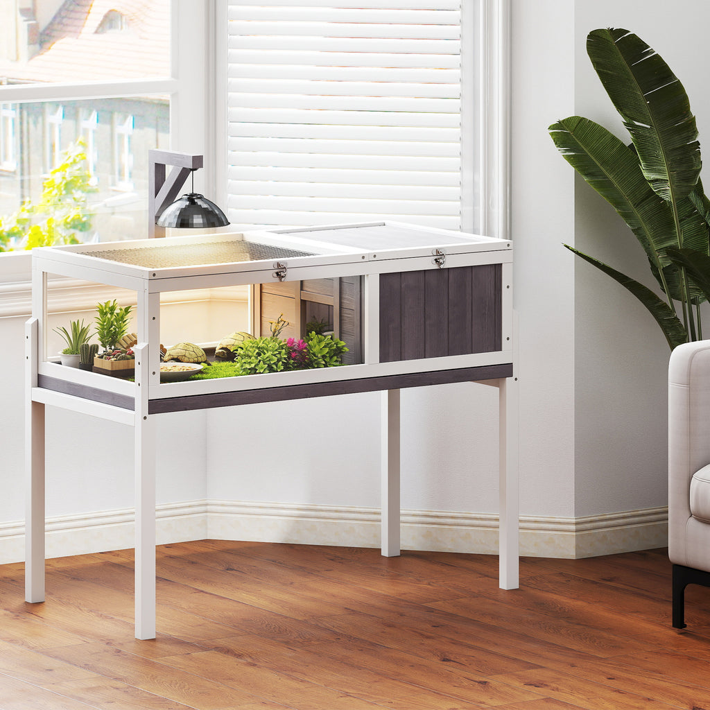 Maison pour tortues enclos tortue en bois 2 espaces support de lampe toit ouvrable plateau coulissant 104x53x82cm gris-9