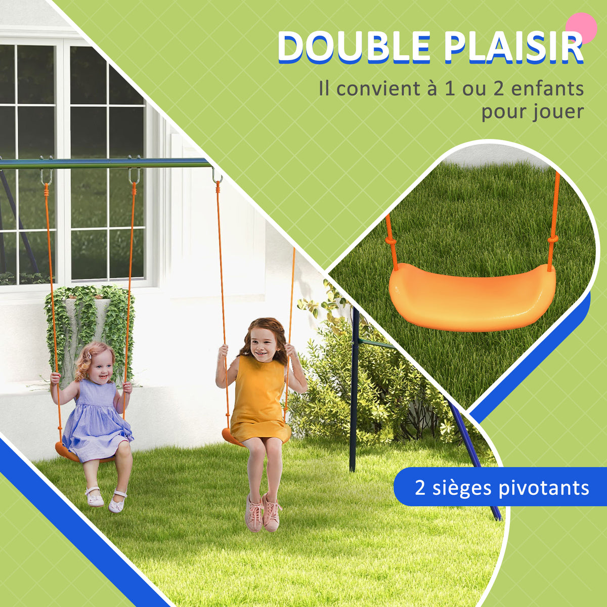 Balançoire portique balançoire pour enfants avec 2 siège de balançoire structure en métal charge max. 90 kg multicolore-3