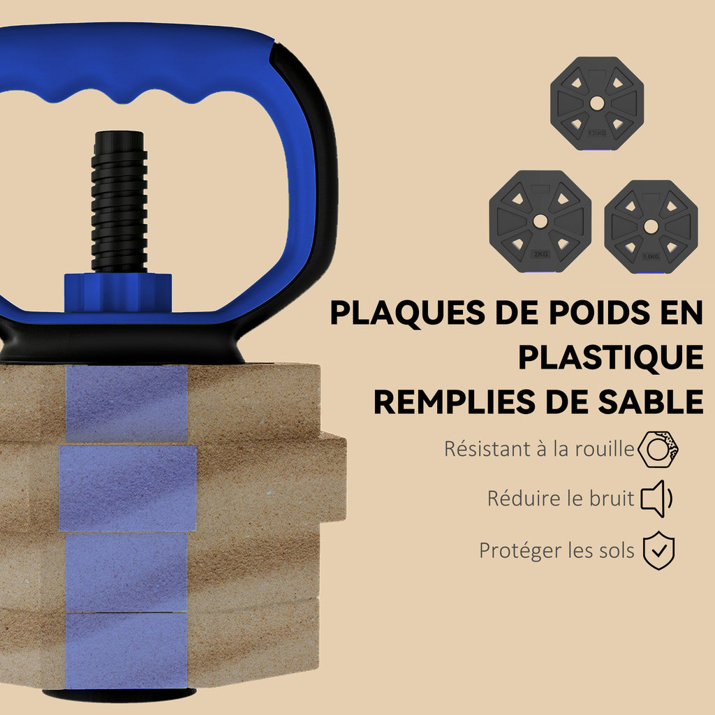Ensemble d'haltères musculation 6-en-1 haltère réglable 20 kg kettlebell, barre de musculation support pour pompes bleu-6