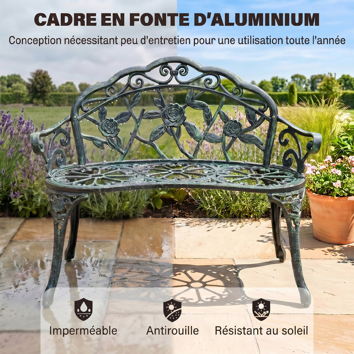 Banc de Jardin 2 Places Style néo-rétro Motif Rose Lignes fuselées 100L x 54l x 78H cm Fonte d'aluminium Vert-4