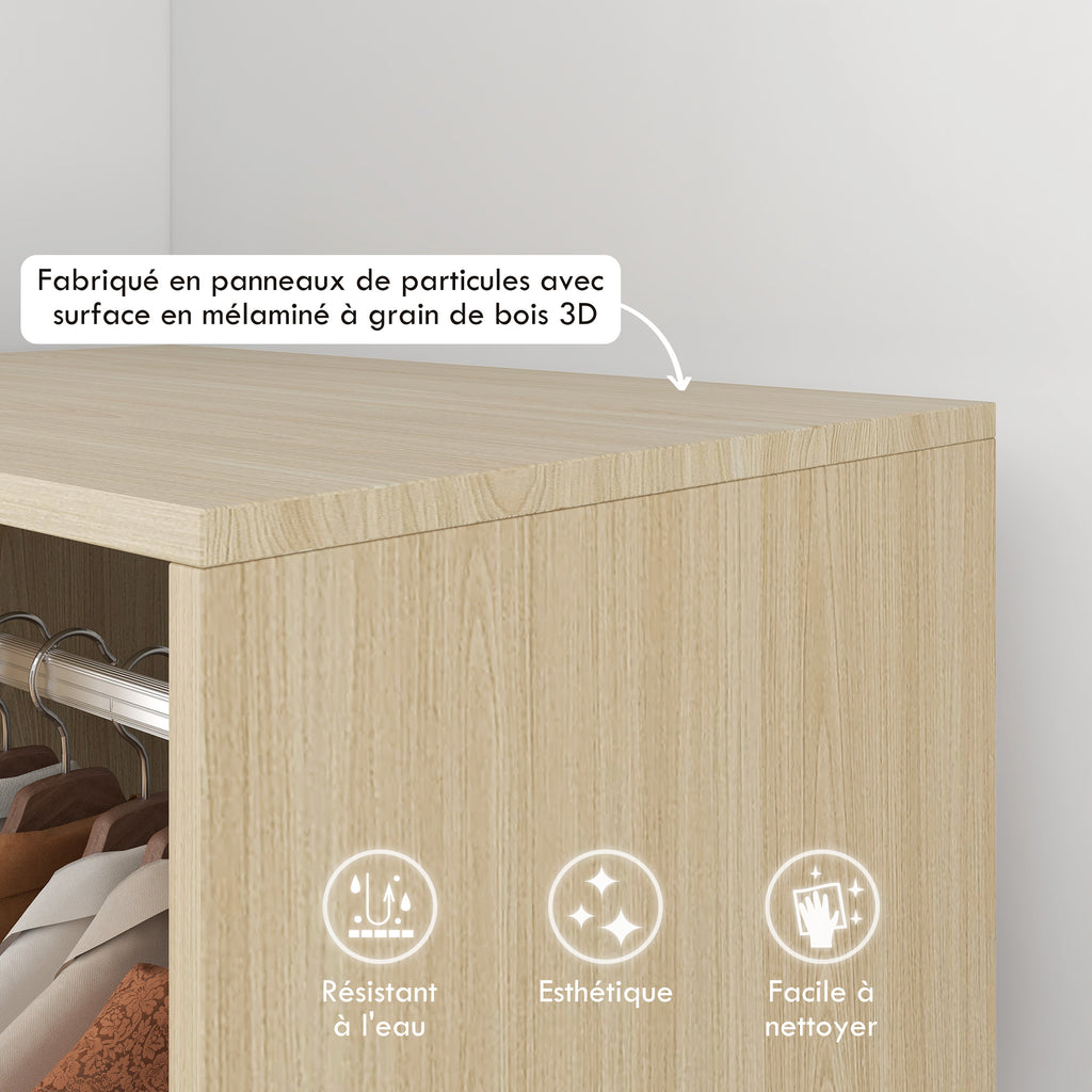 Armoire penderie étagère 2 niches penderie 4 roulettes pivotantes dim. 60L x 40l x 128H cm bois naturel-3
