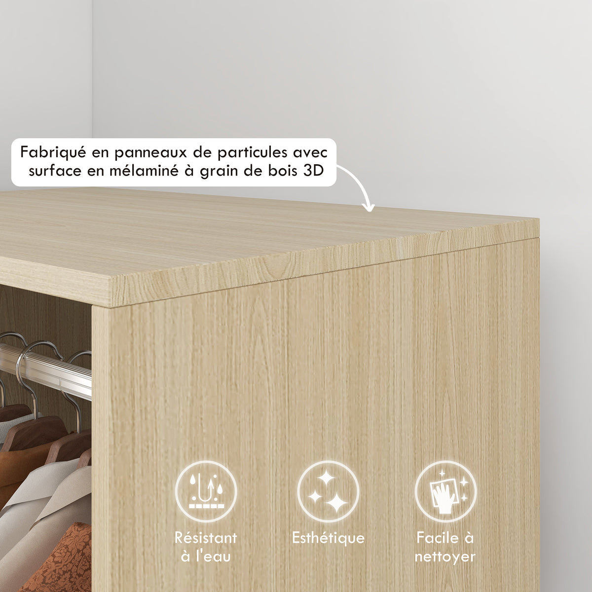 Armoire penderie étagère 2 niches penderie 4 roulettes pivotantes dim. 60L x 40l x 128H cm bois naturel-3