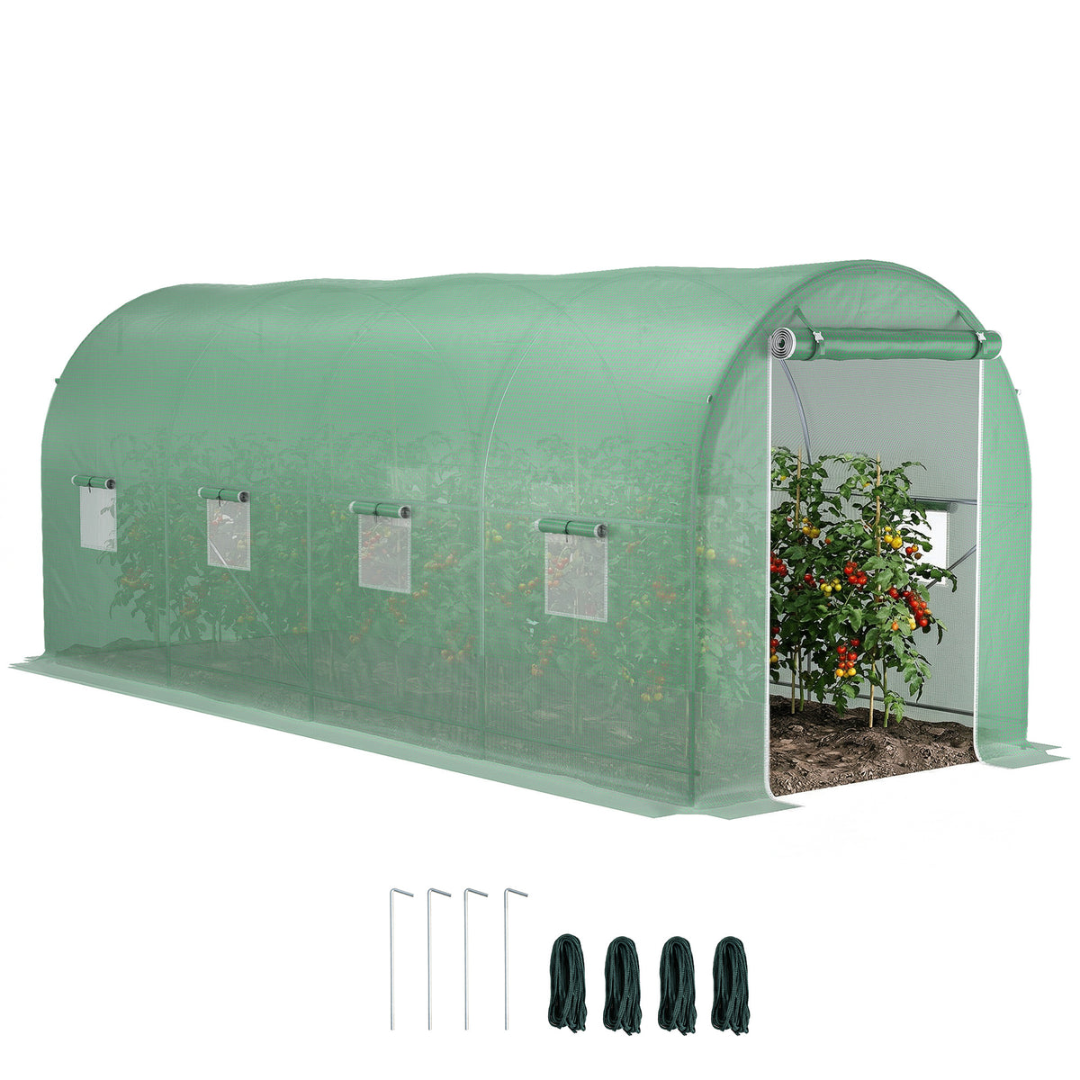 Serre de Jardin Tunnel Surface Sol 10 m² 5L x 2l x 2,05H m châssis Tubulaire renforcé Porte zippée 8 fenêtres enroulables Vert-0