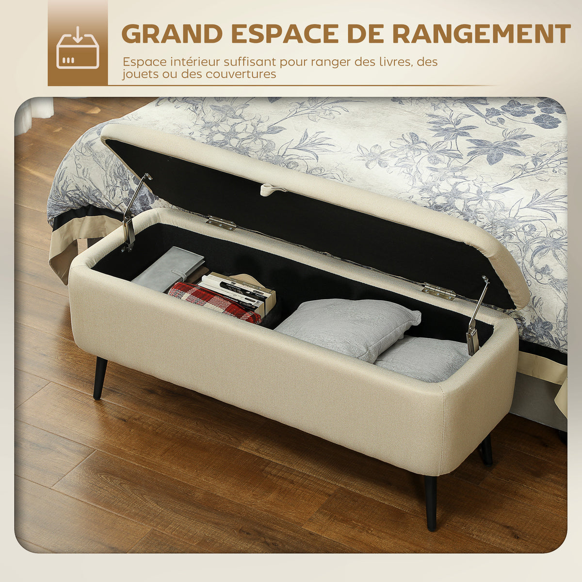 Banc banquette coffre de rangement 2 en 1 en tissu avec pieds en acier noir 102 x 40 x 39,5 cm beige-3