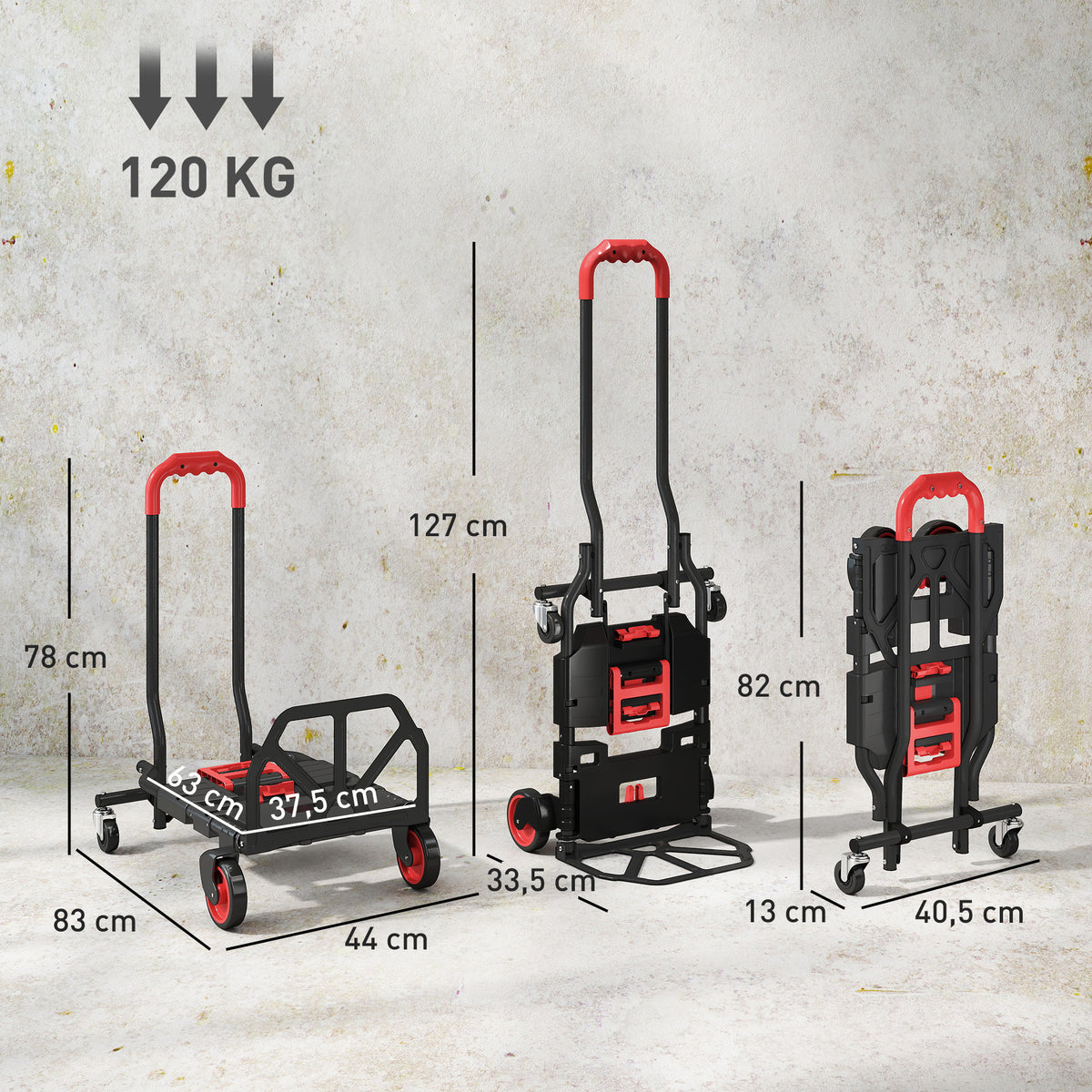 Diable et Chariot de Transport à Roulettes Pliable 2-en-1, Charge Max 120 kg, Base Rabattable, Acier, 83x44x78cm, Rouge-2