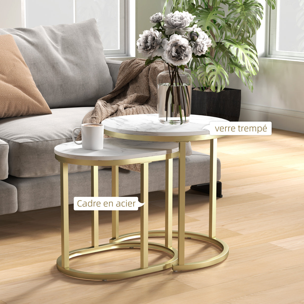Lot de 2 tables basses tables d'appoint gigognes encastrables structure en acier et plateau en bois aspect marbre or-4