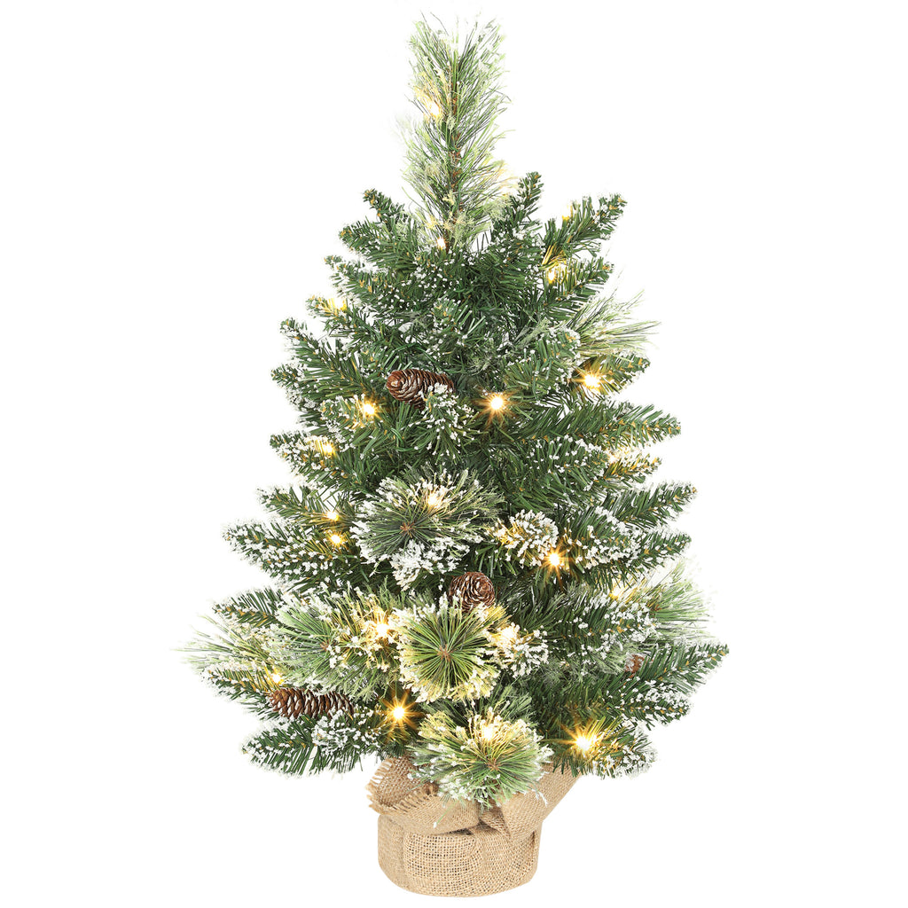 Sapin de Noël artificiel 60 cm, mini arbre de Noël de table floqué avec 35 LED, pommes de pin, fonctionne à piles, vert-0