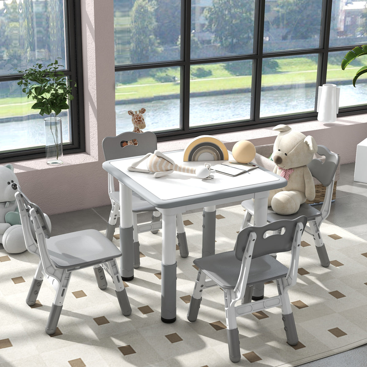 Ensemble 1 table et 4 chaises pour enfants à hauteur réglable, set de 5 pièces, gris-7