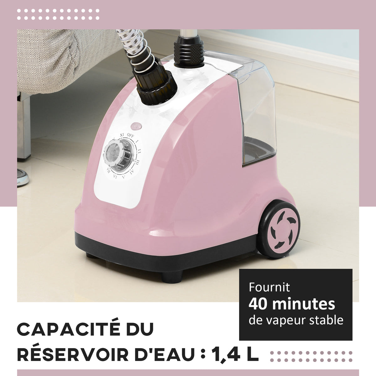 Défroisseur vapeur vertical défroisseur à vêtements 1,4 L 1950 W débit vapeur 32g/min tige telescopique rose noir-3