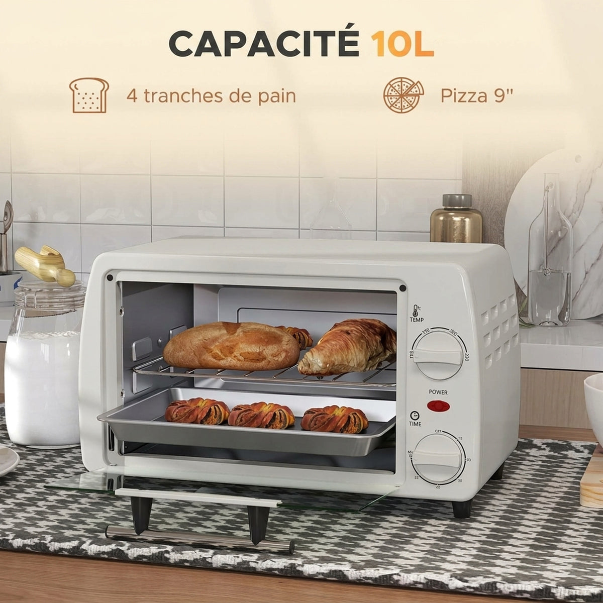 Mini four électrique 10L 1 grille et 1 plateau température réglable de 100°C à 230°C Minuteur 60 min 36,5x26x22 cm crème-3