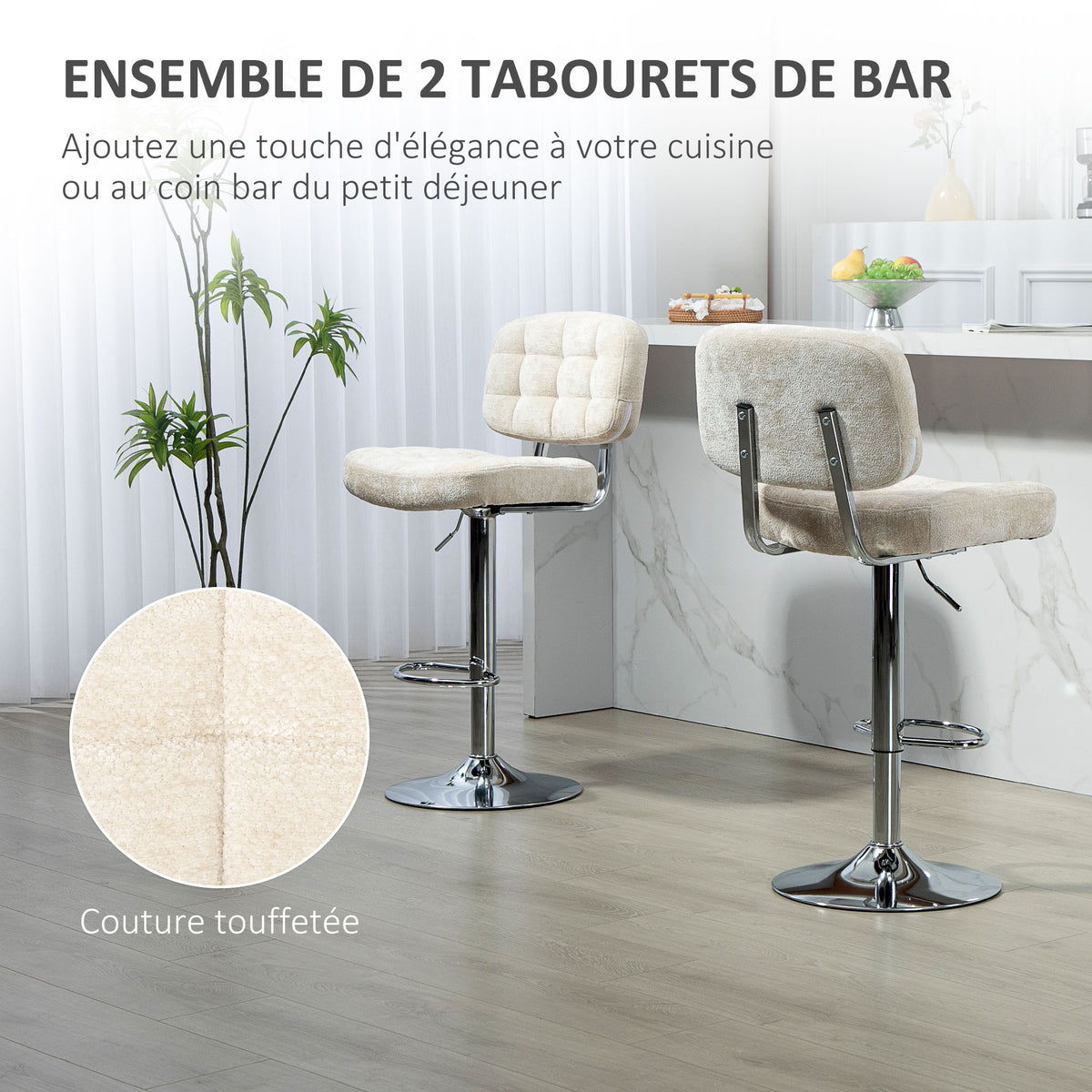 Lot de 2 tabourets de bar avec dossier, hauteur réglable et repose-pieds, cadre en acier, charge 120 Kg, beige-3