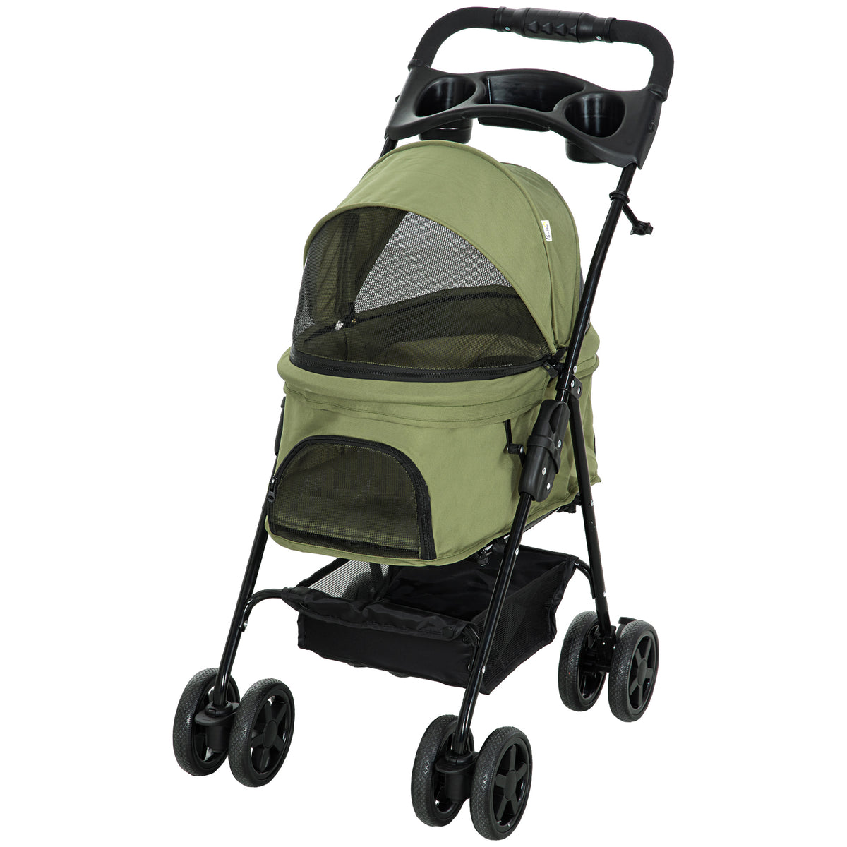 Poussette buggy pliable chien chat panier rangement porte-gobelets tissu 300D Oxford imperméable 4 roues vert-9