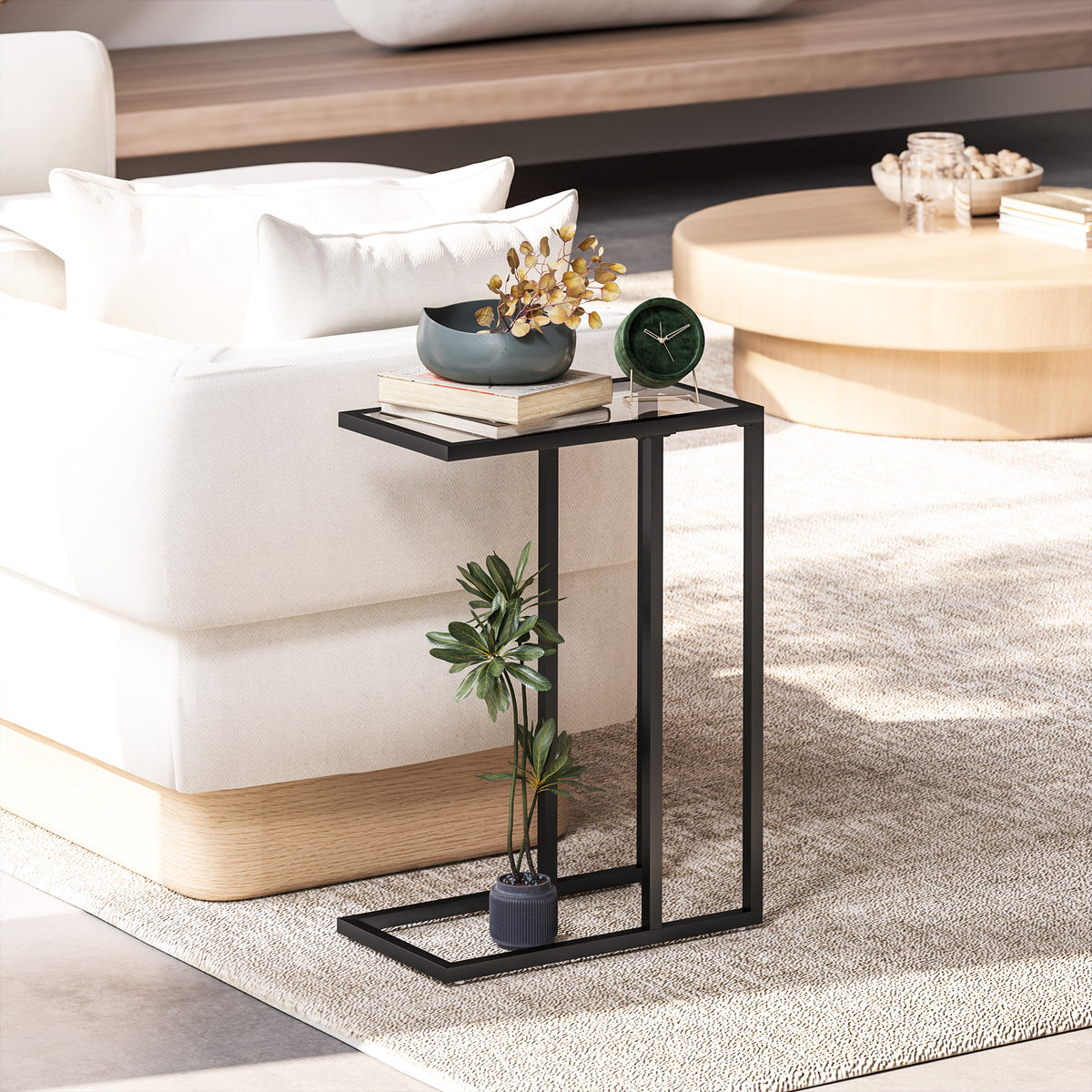Table d'appoint en forme de C avec plateau en verre trempé, cadre en acier, noir-9