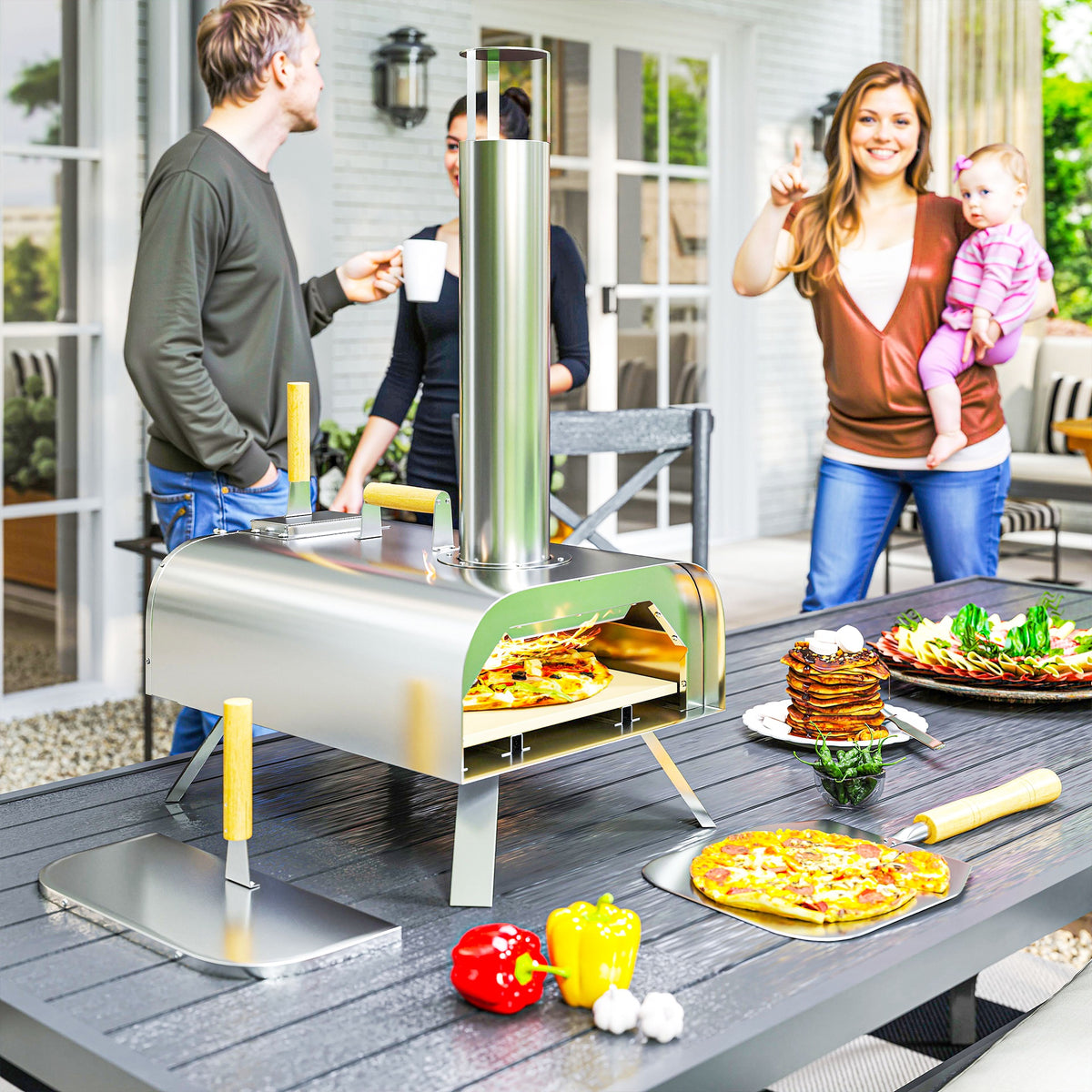 Four à pizza extérieur portable à bois ou à pellet avec pierre à pizza pieds pliables cheminée acier inoxydable argenté-1
