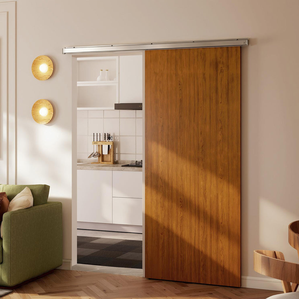 Porte Coulissante 90 x 210 cm Porte avec Kit de Quincaillerie Moderne Rail Silencieux Surface en PVC Imperméable Marron-9