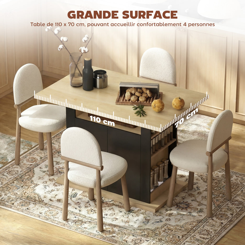Table à manger ilot central cuisine avec grand plan de travail 4 personnes placard 4 portes 110 x 70 x 75,5 cm noir-4