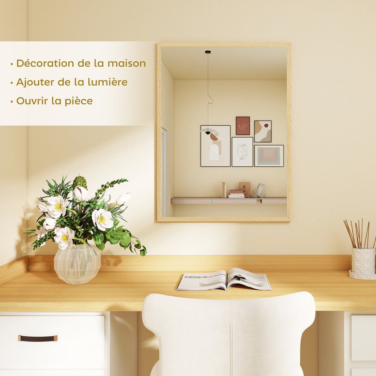 Miroir mural rectangulaire 80 x 60 cm, cadre en bois naturel, idéal pour la salle de bain, salon ou chambre-3