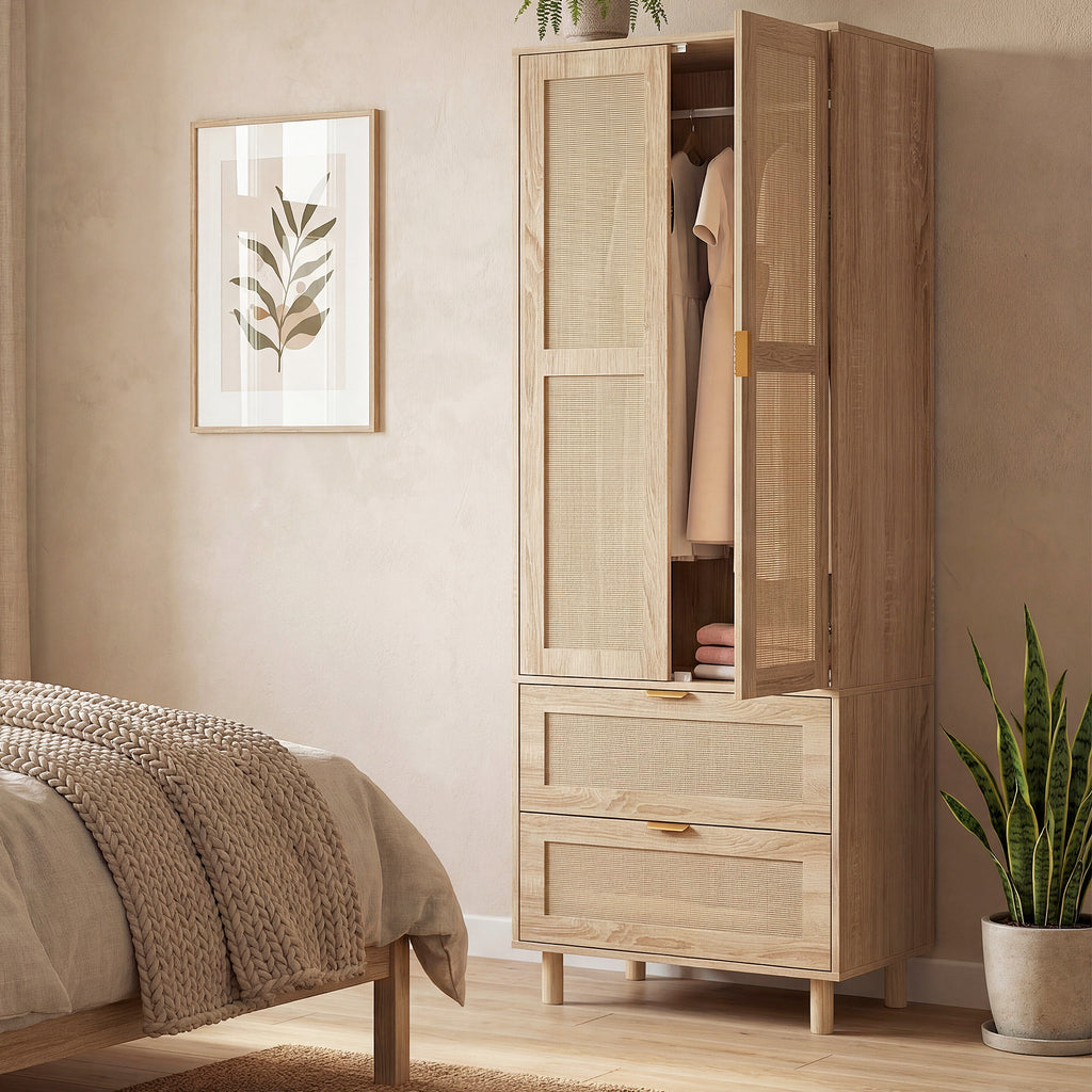 Armoire chambre penderie avec 2 portes en rotin, 2 tiroirs et barre de suspension, 63 x 47 x 185 cm, bois naturel-7
