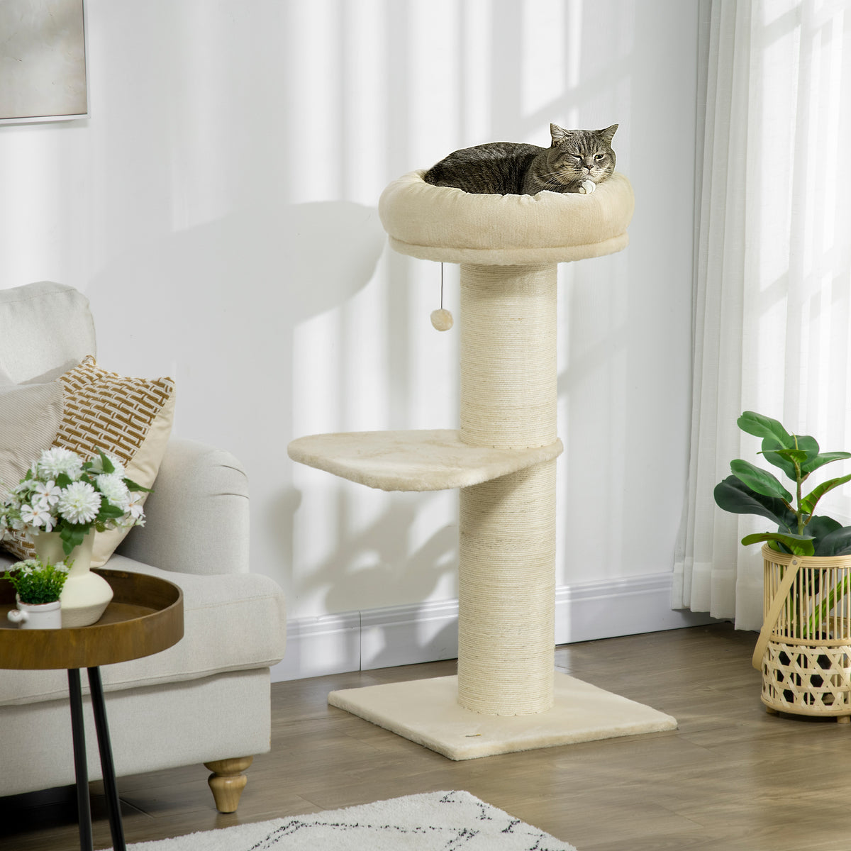 Arbre à chat griffoir sisal naturel 2 plateforme panier observation jeu boule suspendue peluche beige-9