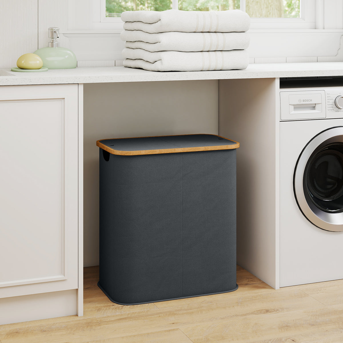 Panier à linge double pliable 80 L corbeille à linge sale avec couvercle, poignées rainurées, gris-8