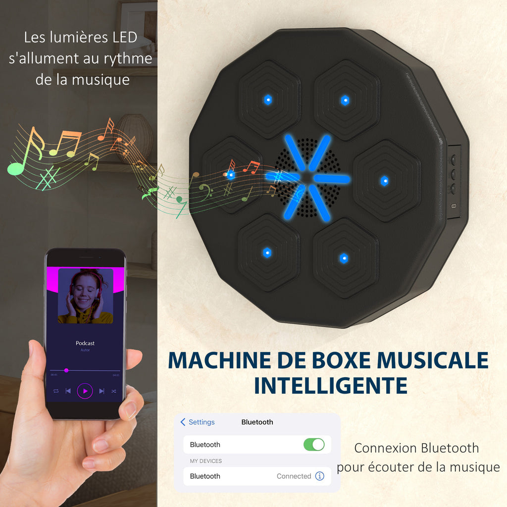 Machine de boxe musicale music boxing machine mural avec bluetooth music 40 x 40 x 7,5 cm, noir-3