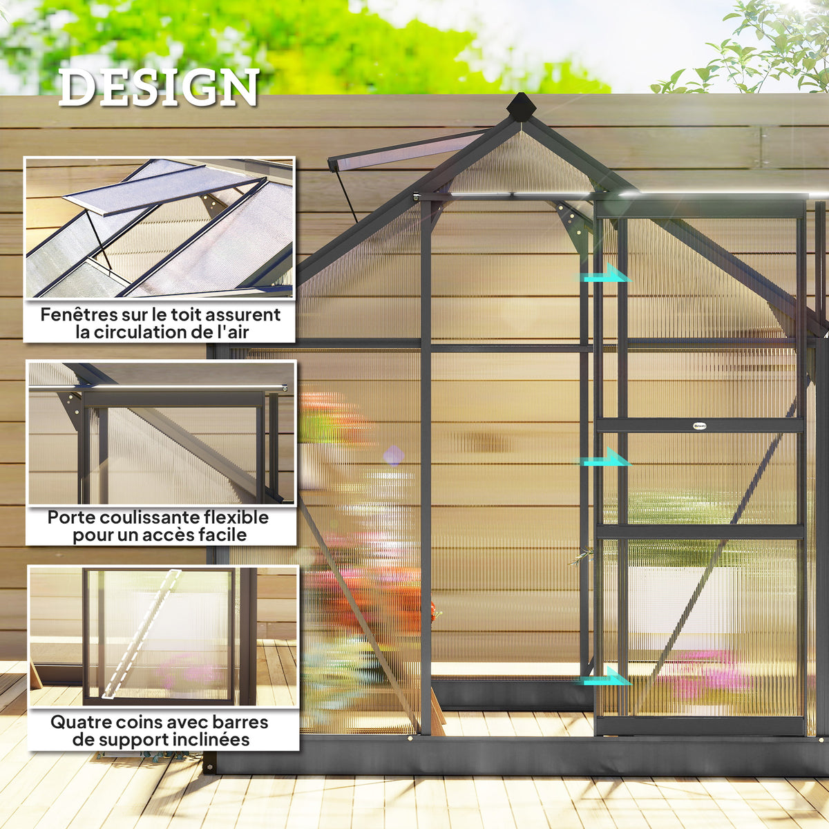 Serre de jardin polycarbonate 3,65m² 190 x 192 x 201 cm résistant aux UV fondation renforcé gouttière Gris-3