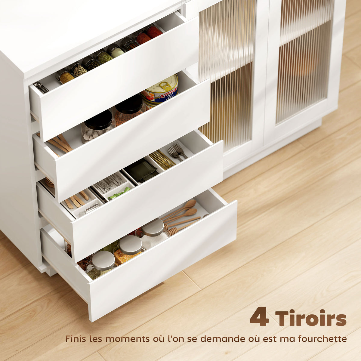 Buffet salon, meuble de rangement avec 4 tiroirs et 2 portes en verre trempé, étagère réglable, 120 x 40 x 91 cm, blanc-3