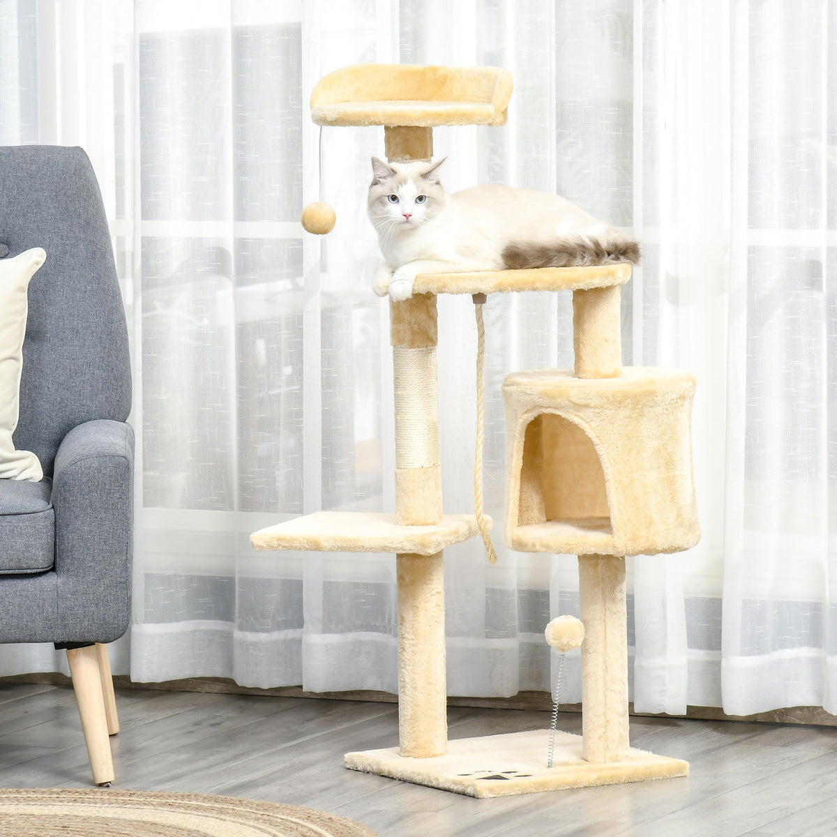 Arbre à chats multi-équipements griffoirs grattoirs plateformes niche corde jouets 40L x 40l x 114H cm beige-1