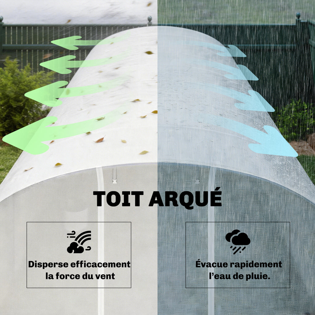 Serre tunnel de jardin 24m², serre de jardin tunnel avec cadre en acier galvanisé, portes et 2 grandes fenêtres, blanc-8