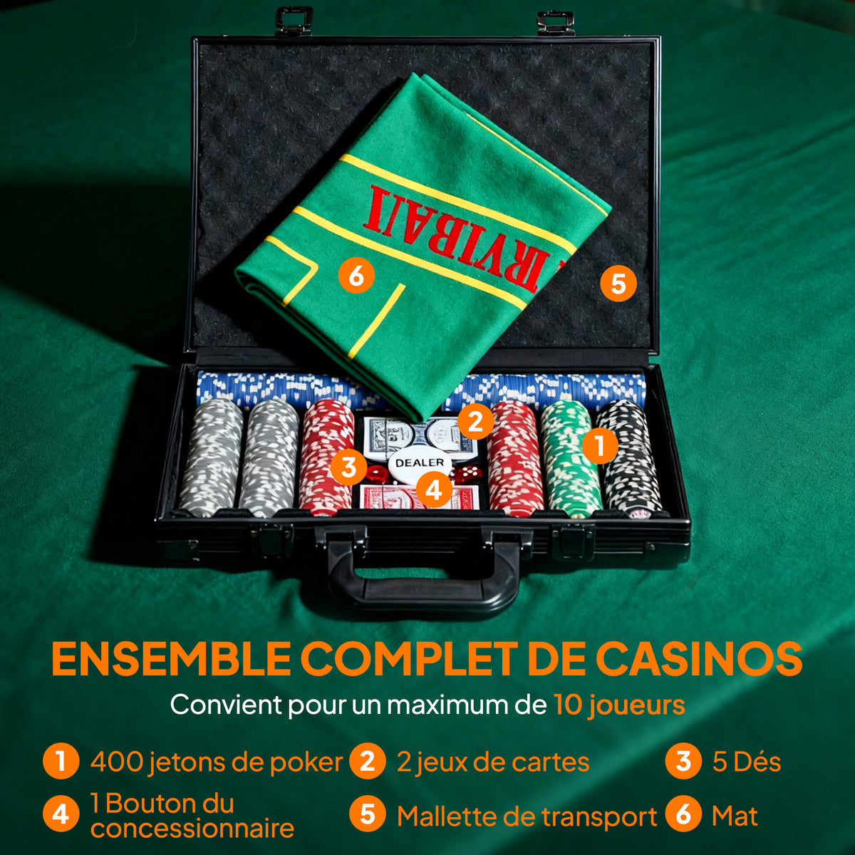 Mallette de poker coffret de poker complet 400 jetons, boîtier en ABS, cartes à jouer, dés, dealer, tapis, clés-3