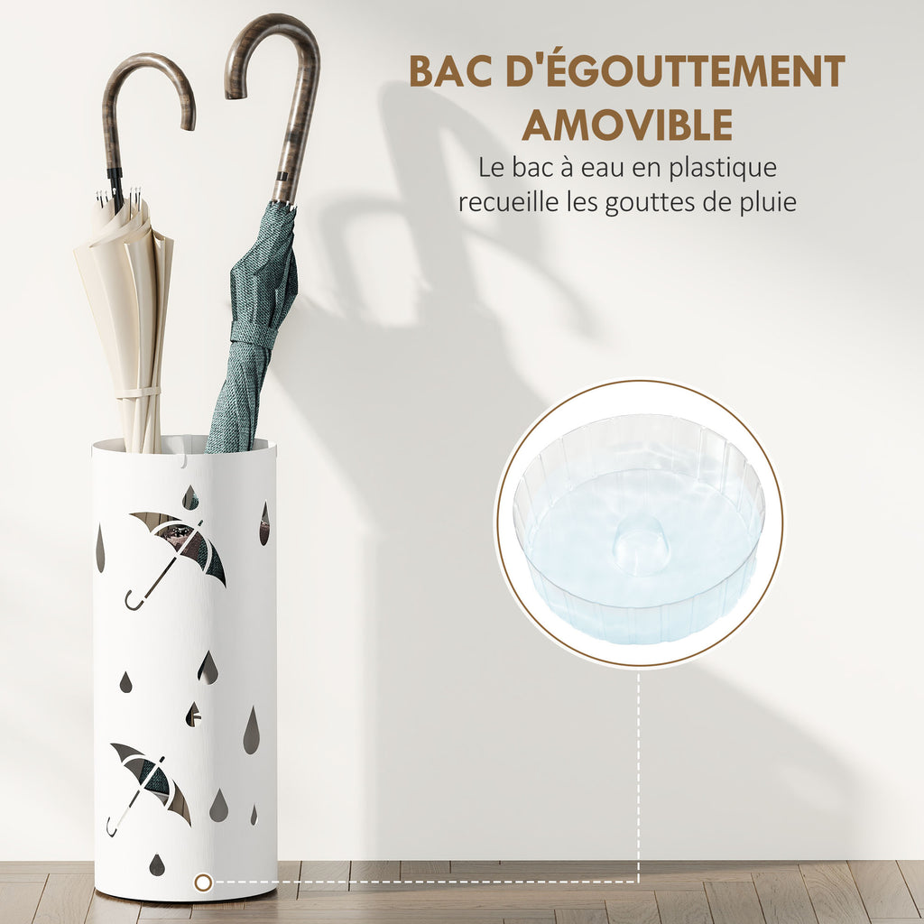 Porte parapluie cylindrique support pour parapluies bac d'égouttement amovible et 4 crochets, Ø 17 x 41 cm, blanc-4