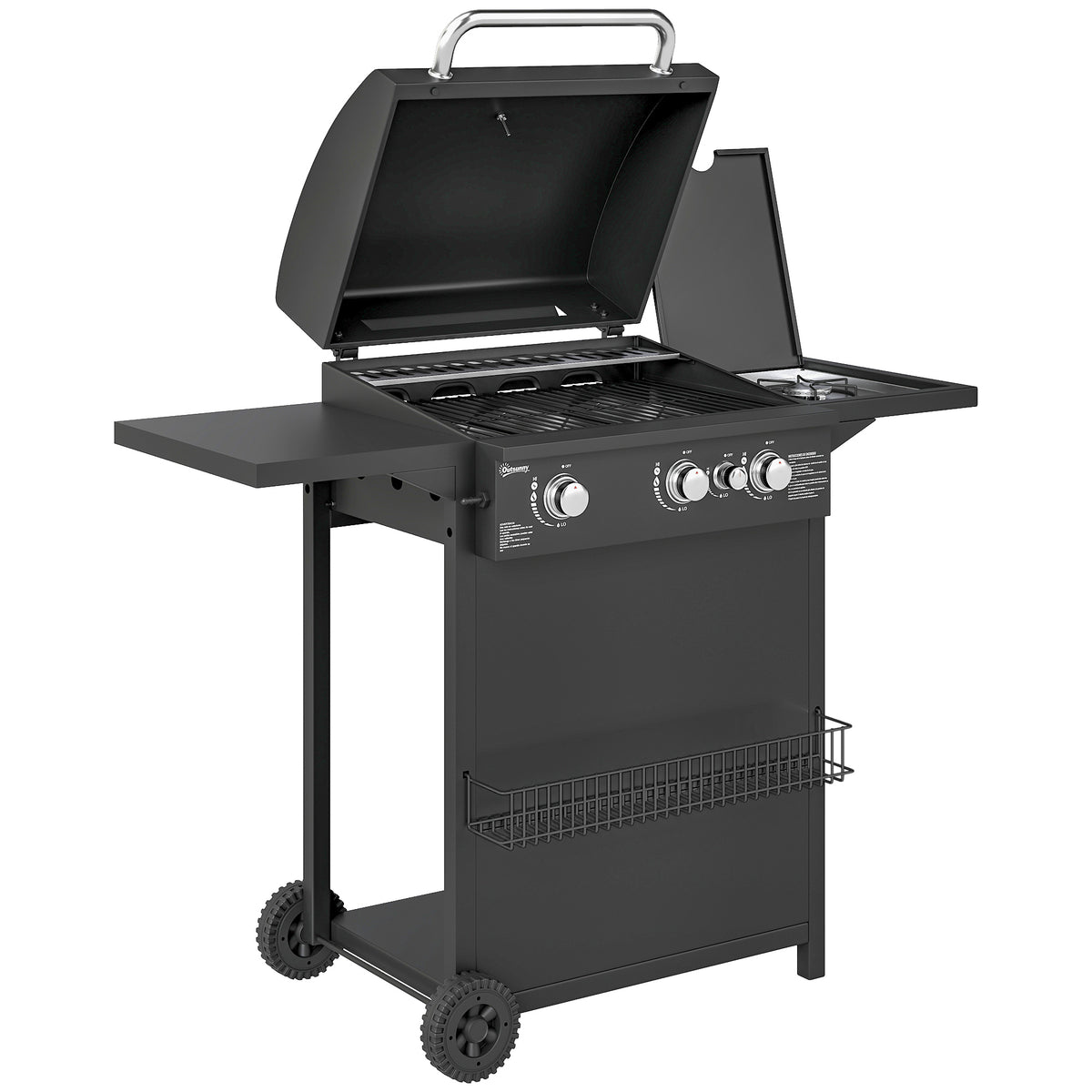 Barbecue gaz 3+1 brûleurs en acier, puissance 9,5 kW, barbecue de jardin 2 grilles étagères latérales, 2 roues, noir-0