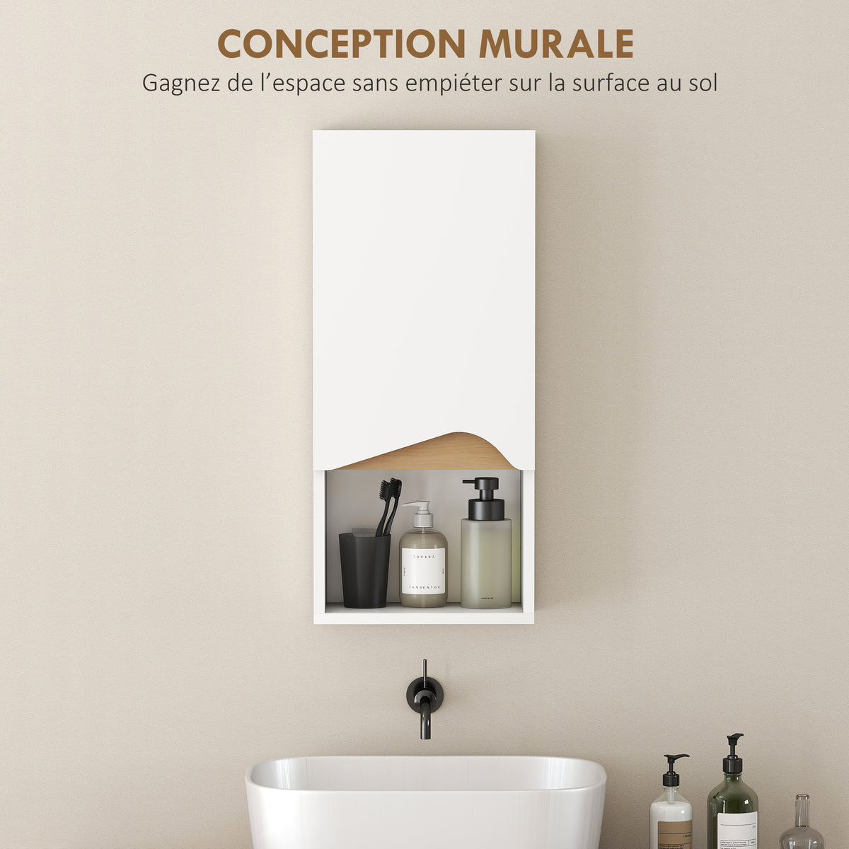 Armoire murale de salle de bain avec porte à fermeture douce, étagère réglable et compartiment ouvert, 30x17x67cm, blanc-3