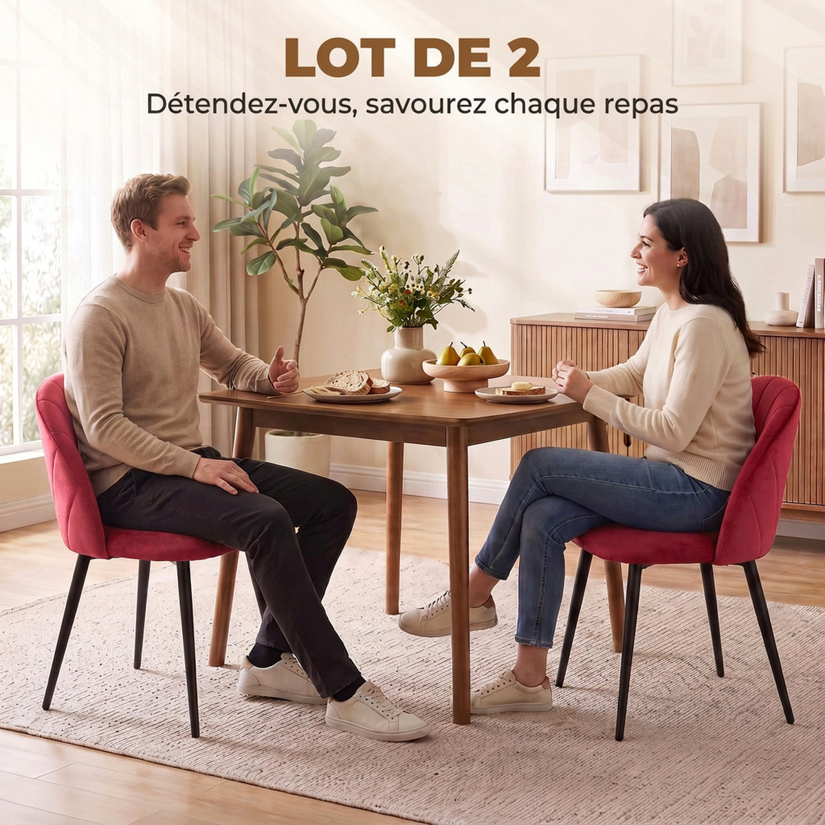 Lot de 2 Chaises de Salle à Manger, Chaises de Cuisine Rembourrées sans Accoudoirs, Pieds en Acier, 52x55x79cm, Bordeaux-3