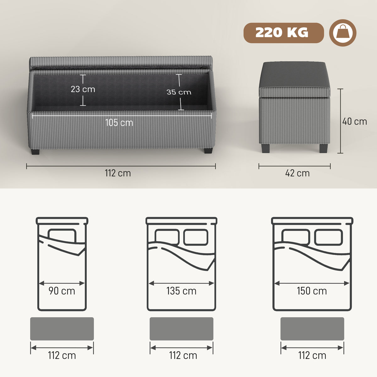 Banc de rangement bout de lit en velours côtelé avec couvercle, pour salon, chambre, entrée, 112 x 42 x 40 cm, gris-2