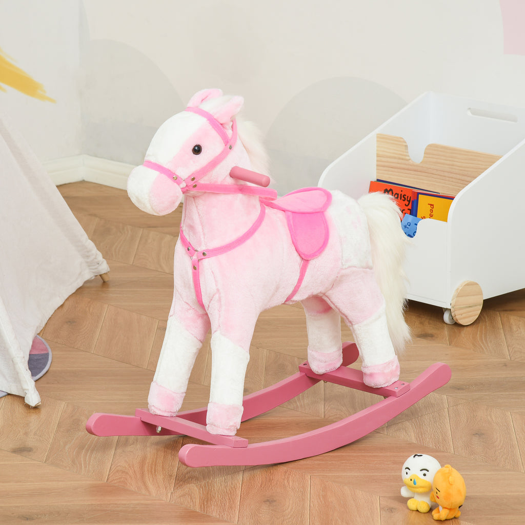 Cheval à Bascule en Bois et Peluche pour Enfant Cheval de Cowboy peluche Pour Enfants de 3-6 Ans Jouet balançoire avec Effet sonore Selle rênes Rose Blanc-9