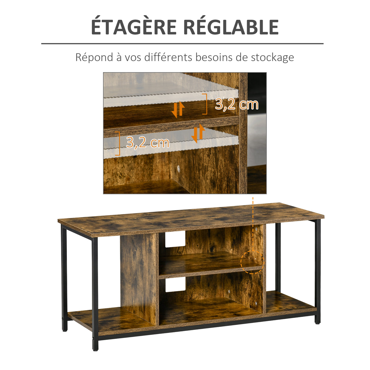 Meuble TV, meuble télé avec compartiments ouverts, étagère réglable, 110x40x50cm, brun rustique-5