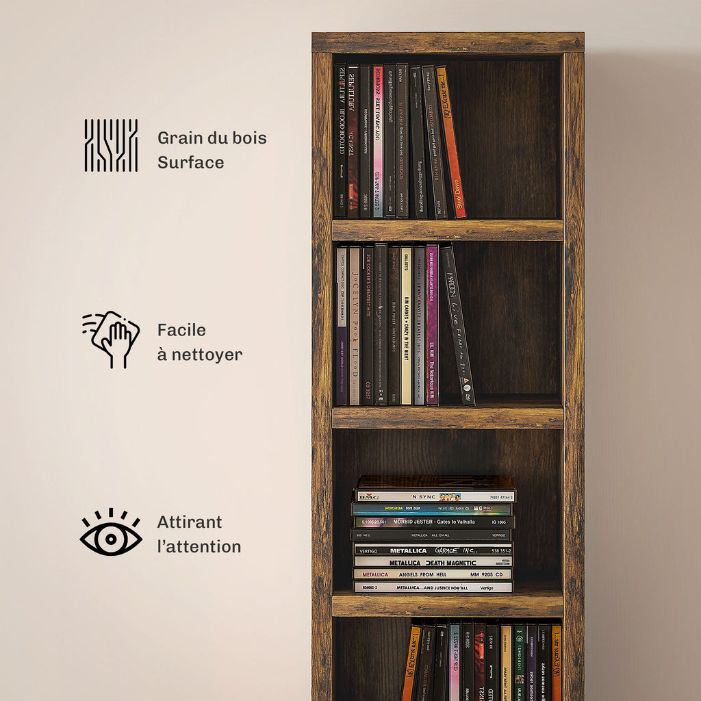 Rangements pour CD et DVD avec 12 compartiments, capacité max. 204 CD, 21 x 20 x 175 cm, brun rustique-4