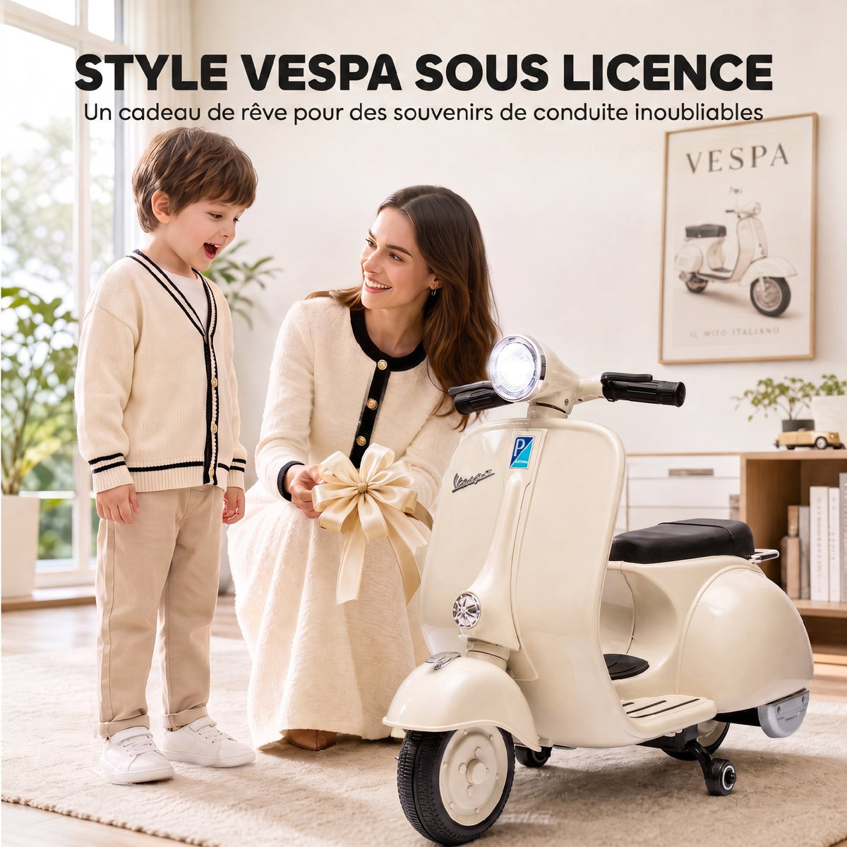 Moto Électrique Enfants VESPA sous Licence, Vitesse Max 5 Km/h, Musique & Lumière, 3+ ans, Blanc-3