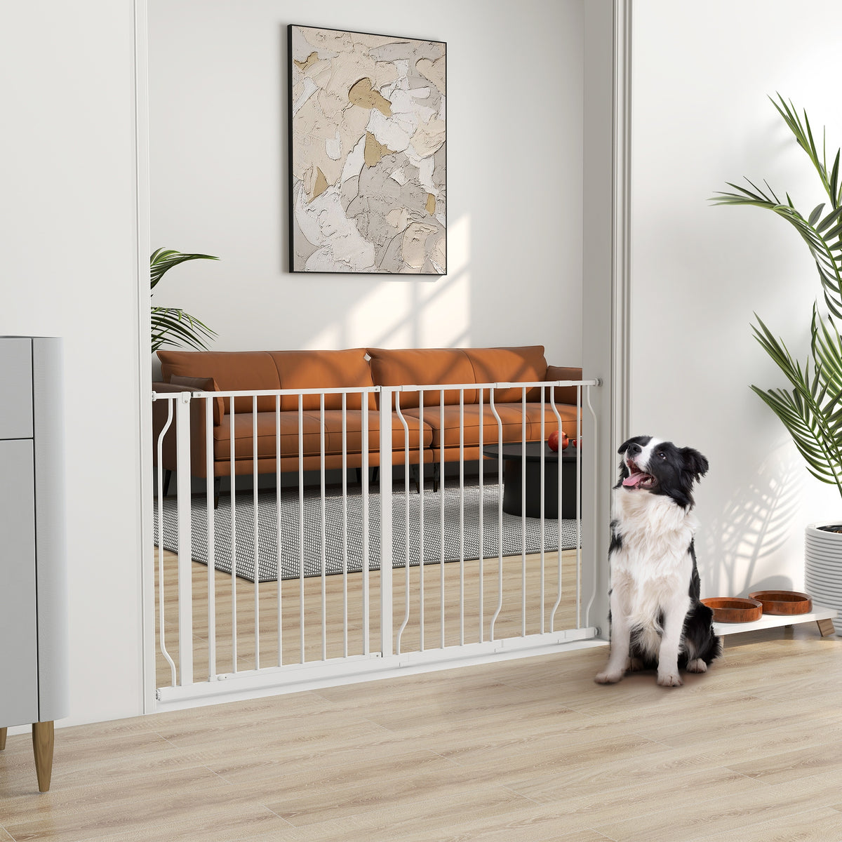 Barrière de sécurité chien barrière extensible 75-145 x 76 cm barrière escaliers couloirs portes sans perçage en acier et ABS blanc-1