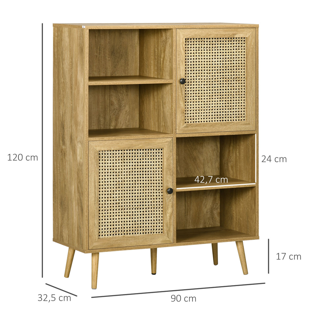 Buffet meuble de rangement armoire haut aspect bois et cannage design 2 portes - dim. 90L x 32,5l x 120H cm-2